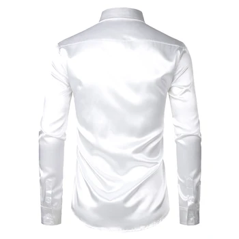 Balta Šilko Satino Smokingas Marškinėliai Vyrams 2019 Prekės Ilgomis Rankovėmis Įrengtas Mens Suknelė Marškiniai Vestuves Šokių Vyrų Atsitiktinis Marškinėliai Chemise