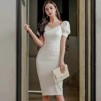 Baltas Biuro Lady Suknelė 2020 Metų Vasaros Aukšto Juosmens Stora Suknelė Paprasta, V-Kaklo, Dekoratyvinis Nėrinių Sluoksniuotos Rankovėmis Elegantiškas Šalies Moterų Suknelė