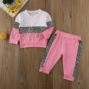Bamblys Vaikas Kūdikių Mergaičių Drabužius ilgomis Rankovėmis Susiuvimo Tracksuit 2VNT T-shirt Viršūnes Kelnes Rudenį Leopard Komplektai Rinkinys Naujas