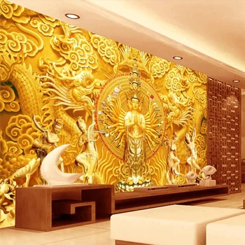 Beibehang Užsakymą 3d tapetai Gera aukso Avalokitešvara buda sienos popieriaus fone, sienos dekoratyvinis dažymas