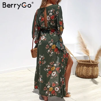 BerryGo Boho gėlių spausdinti moteris ilga suknelė Vasarai asimetriškas suknelės rankovės varčias padalinta šifono suknelės beach moterų vestidos