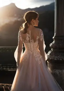 Blush Pink-Line Vestuvių Suknelės 2020 Naujas Vestido De Noiva Princesė Ilgio Sluoksniuotos Rankovėmis Ir Nėrinių Appliques Vestuvinės Suknelės Valymo Traukinio