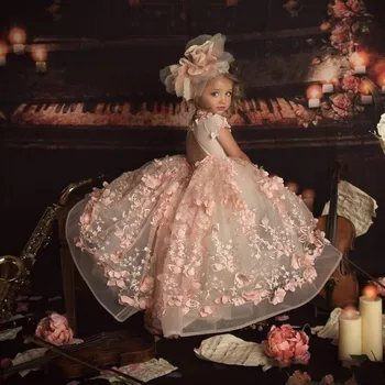 Blush Pink Princess Gėlių Mergaičių Suknelės, Vestuvių Puošmena-Kaklo 3D Gėlių Vaikai Inscenizacija Suknelė Kamuolys Suknelė Bamblys Komunijos Suknelės