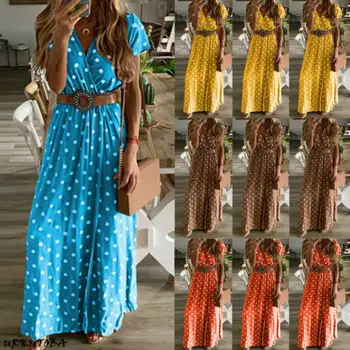 Boho Moteriški Vasaros Maxi Ilga Suknelė su V-kaklo Paplūdimio Vakare Šalies Polka Dot Sundress