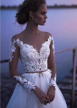 Boho Vestuvių Suknelė 2020 Nėrinių Appliques Paplūdimio Nuotakos Suknelės Iliuzija Tiulio ilgomis Rankovėmis Vestuvių Suknelės vestido de noche
