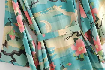 Boho Vintage žalia Krano Gėlių Spausdinti Varčias Moterų bohemijos V Kaklo batwing Rankovėmis happie Palaidinės chalatas Kimono