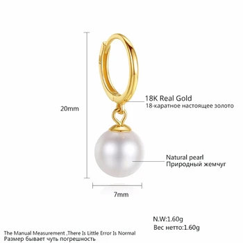 CZCITY 18K Yellow Gold Natūralių Apvalių Perlų Hoopas Auskarai 6.5-7mm Gėlavandenių Perlų Aukštos Kokybės 18K Yellow Gold Jewelry