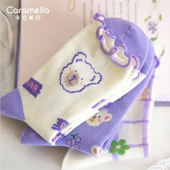 Caramella 2020 Naujas Medvilnės Moterų Kojinės 3Pairs/daug Violetinė Gėlė Saldus Mergaičių Kojinės Mielas Lokys Trumpas Kojines Gėlių Moterų Kojinės