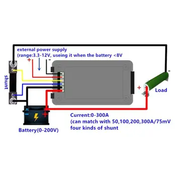 DC 0-200V 0-300A Baterijos Testeris Voltmeter Ammeter Galia Varža Talpa Energijos, Laiko Matuoklis 50A/100A/200A/300A Battery Monitor