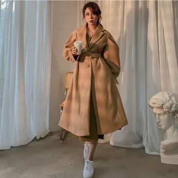 Derliaus Kupranugaris Sluoksniuotos Rankovėmis Midi Ilgio Vilnoniai Paltai Moterims Prarasti Elegantiškas Ilgomis Rankovėmis Moteriška Kailis Streetwear Žiemos 2020 M., Su Diržu