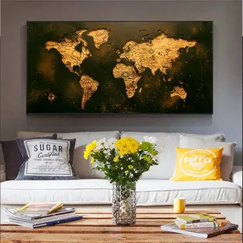 Didelis Retro Žemėlapis Golden Pasaulio Žemėlapyje Plakatas ir Spausdinimo Cuadros Drobės Tapybos Sienos Meno Kambarį Namų Dekoro
