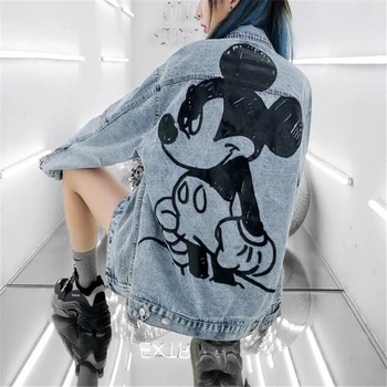 Disney Mickey Mouse Paltai Atsitiktinis Negabaritinių Džinsinio Striukė Moterims Animacinių Filmų Grafiti Prarasti Viršutiniai Moterų Drabužiai Lady Jean Striukės