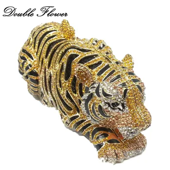 Dvigubo Gėlių Derliaus Golden Tiger 3D Formos Moterys Kristalų Gyvūnų Minaudiere Maišelį Sankabos Rankinėje Vakarą Vestuvių Kokteilis Rankinės