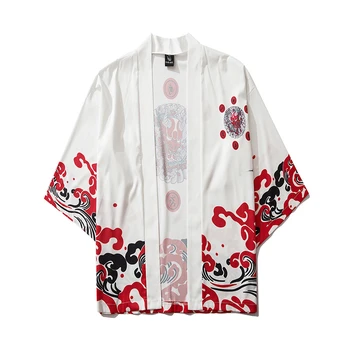 ELKMU Japonų Kimono Megztinis Švarkas Vyrams Hip-Hop Harajuku Ukiyoe Dvasios Spausdinti Striukės Vasarą Plonas Laisvas Kimono Japonijos HE156