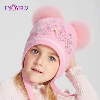 ENJOYFUR Merginos Žiemos Skrybėlės Dvigubai Fox Fur Pompom Vaikai skrybėlę Cute Kačių Modelio kalnų krištolas Beanies Vaikams Šiltos Megztos Kepurės