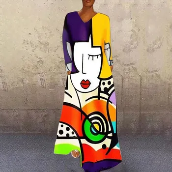 Elegantiškas Abstraktus Mergina Animacinių filmų Spausdinti Suknelė Moterims Derlius V-Kaklo, Ilgai Šalis Suknelės Atsitiktinis Trumpas Rankovės Kišenėje A-line Dresses