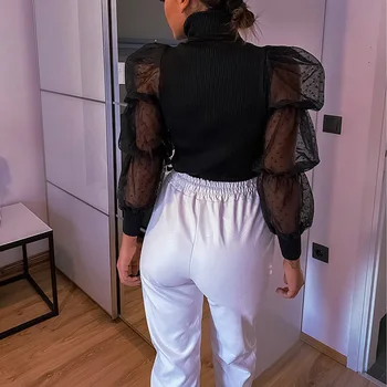 Elegantiškas Moteris Juoda Golfo Trikotažo Marškinėlius Moteris Akių Matyti Per Sluoksniuotos Long Sleeve T shirt Slim 2020 m. Rudenį Viršūnes Harajuku SJ5317V
