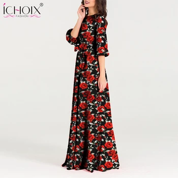 Elegantiškas Vakare Šalies Maxi moterų Suknelės 2019 ilgomis Rankovėmis Rudens Žiemos Moterų Suknelė Ilga Raudona Gėlių spausdinti Vintage Suknelė Vestido
