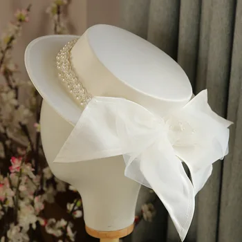 Elegantiškas vestuvių Skrybėlę Moterų 1920 m., retro vaiskiai balta Topper Pavasario Vasaros Mados Bowknot Perlų Apdaila Priedai Top Hat