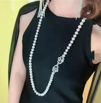 Elegantiškas vienos sruogos 9-10 mm pietų jūros baltos spalvos apvalių perlų vėrinį 35inch