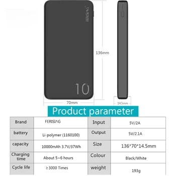 FERISING Galia Banko 10000mAh PowerBank 10000 mAh USB Įkroviklis Nešiojamų Išorės Baterijos Mobiliųjų Telefonų Įkrovimo Už Xiaomi Mi 10 9