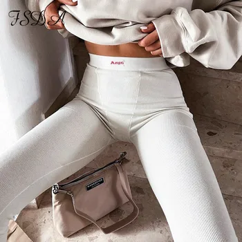 FSDA 2020 m. Vasarą Ilgai Ribber Kelnės Baltos spalvos Siuvinėjimo Moterų Streetwear Apačioje Poilsiu Sweatpants Aukšto Liemens Kelnės