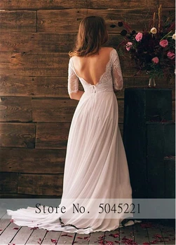 Fantastinis Šifono Vestuvinė Suknelė Bateau Iškirpte Grindų-ilgis A-line Wedding Dresses 2020 Rūbeliai Pusė Rankovių Backless Nuotakos Suknelė