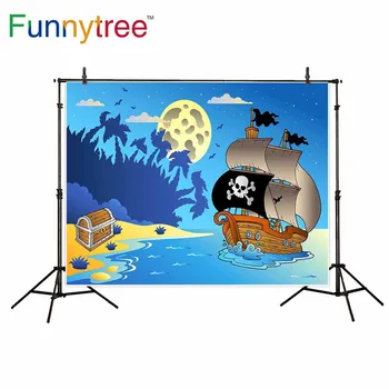 Funnytree fone fotostudija animacinių filmų piratų jūros mėnulis Lobis burlaivis vaikai fotografijos fonas photobooth photocall