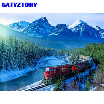 GATYZTORY Judantį Traukinį Sniego Kalnų Kraštovaizdžio Aliejaus Tapybos Numeriai 60x75cm 