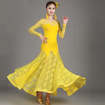 Geltonos spalvos nėriniai moterų pramoginiai valsas suknelė rumba kostiumai standartas sklandžiai šokių suknelės Standartas socialinės suknelė pakraštyje šokių drabužiai