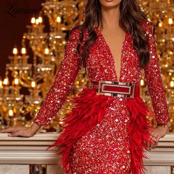 Giliai V Kaklo Raudona Plunksna Undinė Vakaro Suknelės Blizgančiais 2020 Chalatas De Soiree Arabų Kaftans Maroko Įžymybė Šalies Prom Dress