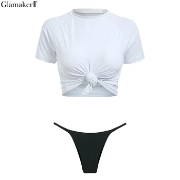 Glamaker mazgas baltos seksualus bodysuit moterų diržas, dviejų dalių kostiumą moterų apkarpytos trumpas playsuit Beach party bodysuit pavasarį naują 2019