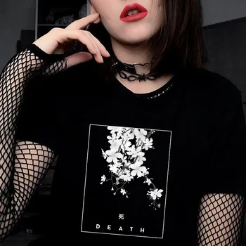 Goth Gėlių Moteris Tshirts Harajuku Estetinės Vintage Marškinėliai Japonų Stiliaus Grunge Hipster Medvilnės Marškinėliai Topai Moterų Drabužiai