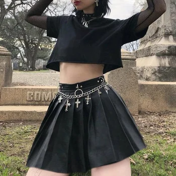 Goth Tamsiai Grunge Punk Vasaros Gotikos Sijonai Moterims Streetwear Zippper Kniedės Plisuotas Juodos spalvos Metalo Žiedas Sijonas PU Seksuali Mini Sijonai