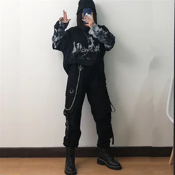 Gotikos Harajuku Streetwear Moterų Atsitiktinis Haremo Kelnės Su Grandinės Kieto Juoda Krovinių Kelnės Cool Mados Hip-Hop Ilgos Kelnės Capris