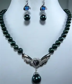 Gražių Moterų Vestuvių Papuošalai išgalvotas juoda perlų vėrinį &shell/perlas pakabukas auskarai rinkinys