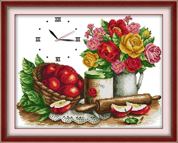 Gėlės ir vaisiai kryželiu rinkinys 14ct 11ct skaičius spausdinimo drobės sieninis laikrodis siūlės siuvinėjimo 