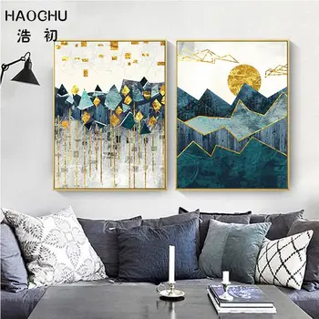 HAOCHU Golden Sun Meno Plakatas Spausdinimo Nuotrauką Šiaurės Abstrakčių Geometrinių Kalnų Kraštovaizdžio Meno Tapybos Drobės už Kambarį