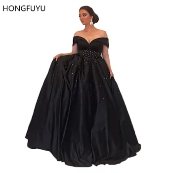 HONGUYU Black Satin Plus Size Prom Dresses Ilgai Zawalcowany Elegantiškas Off Peties, vestidos de fiesta Vakare Šalies Suknelės be Rankovių