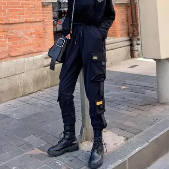 HOUZHOU korėjos Stiliaus Punk Krovinių Kelnės Moterims 2020 Mados Moterų Kelnės Moterims Jogger Juoda Vidurio Juosmens Hip-Hop Kelnes Streetwear