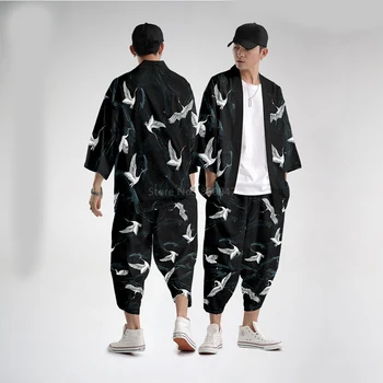 Harajuku mada Drabužiai Japonų Stiliaus Vyrų Vyrų Prarasti Trumpas Rankovės Kimono Viršuje Kelnės Laisvalaikio Kelnės Spausdinimo Streetwear
