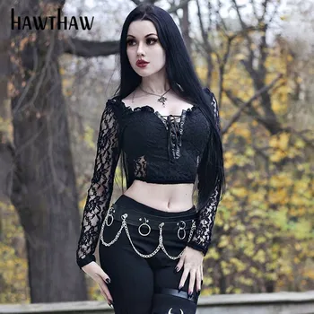 Hawthaw Moteris Rudens-Žiemos Long Sleeve Lace Black, Gothic Tvarstis V Neck Slim Trumpas Topai Marškinėliai 2020 M. Rudenį Drabužių Streetwear