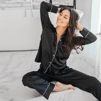 HiLoc Juoda Satino Pajama Nustatyti Ilgomis Rankovėmis Namų Kostiumas Moterims Rinkiniai Sleepwear Seksuali Moteriška Pižama Elegantiškas 2021 M. Pavasarį Homewear