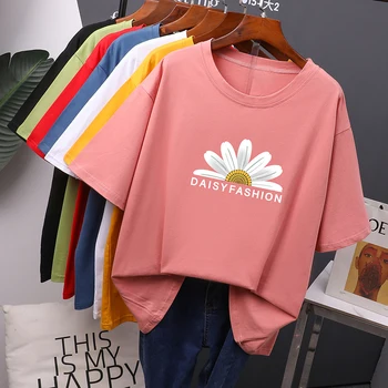 Hirsionsan Daisy Atspausdinta Marškinėliai Moterims 2020 Naujų Karšto Korėjos Mados, O Kaklo Tshirts Medvilnės Tees Derliaus Grafinis Merginų Topai