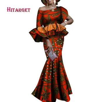 Hitarget Danshiki Afrikos Suknelės Moterims Seksualus Vieną petį Sijonas 2 vnt Kostiumas Šalis/vestuvių Spausdinti Afrikos Drabužius WY4132