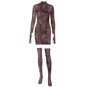 Hugcitar 2019 leopardas spausdinti sexy mini suknelė su pirštines, kojines, rudenį, žiemą moterys streetwear klubas šalies Chirstmas komplektai