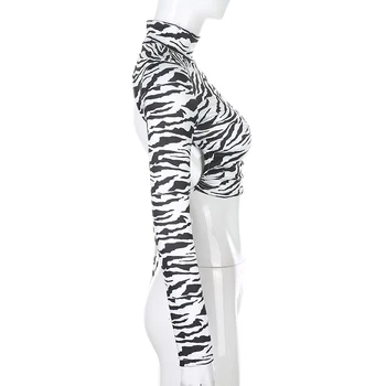 IAMSURE 2020 m. Rudenį ilgomis Rankovėmis Seksualus Backless Pasėlių Top Marškinėliai Moterims Streetwear Mados Zebra Modelis Moterų Golfo Marškinėliai
