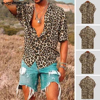 INCERUN Leopardas Spausdinti Marškinėliai Vyrams Atvartas Kaklo Seksualus trumpomis Rankovėmis Beach Viršūnes Stilingas Kietas Marškinėliai Vyrams Camisa Masculina Streetwear 2021