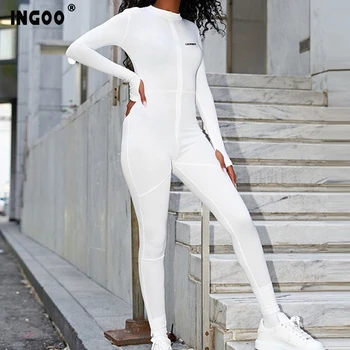 INGOO Streetwear Balta Juoda Bodycon Jumpsuit Moterims Seksualus Chalatas 2020 ilgomis Rankovėmis Zip-Up Liesas Rompers Kietas Moterų Jumpsuit