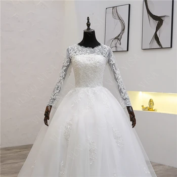 Ilgomis Rankovėmis Kamuolys Chalatai Nėriniai Siuvinėjimo Vestuvių Suknelė 2020 Brangioji Balta Nuotakos Tiulio Sijonas Koplyčia Traukinys vestido de noiva 7